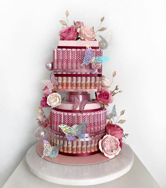 2 Tier Money Cake - Floral Decor (20cm Round+Square)